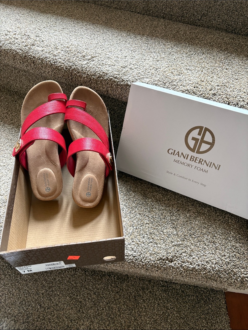 Giani Bernini Women's Red Cross-Strap Memory Foam Sandals with Gold Accents